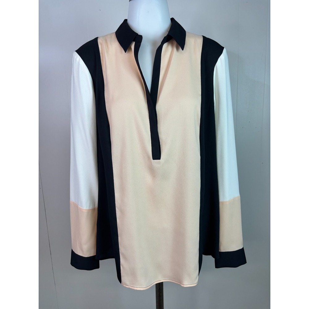 Ann Taylor Blouse Medium Blush Black White Colorblock Popover Blouse Collared